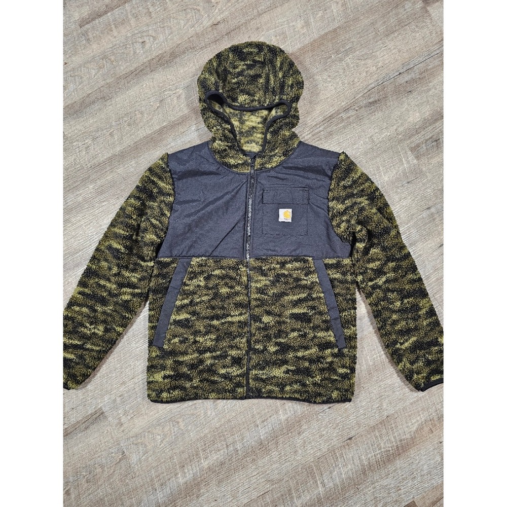 Carhartt Boys XL 18-20 Sherpa Fleece Full Zip Hooded Jacket Camo Black Green